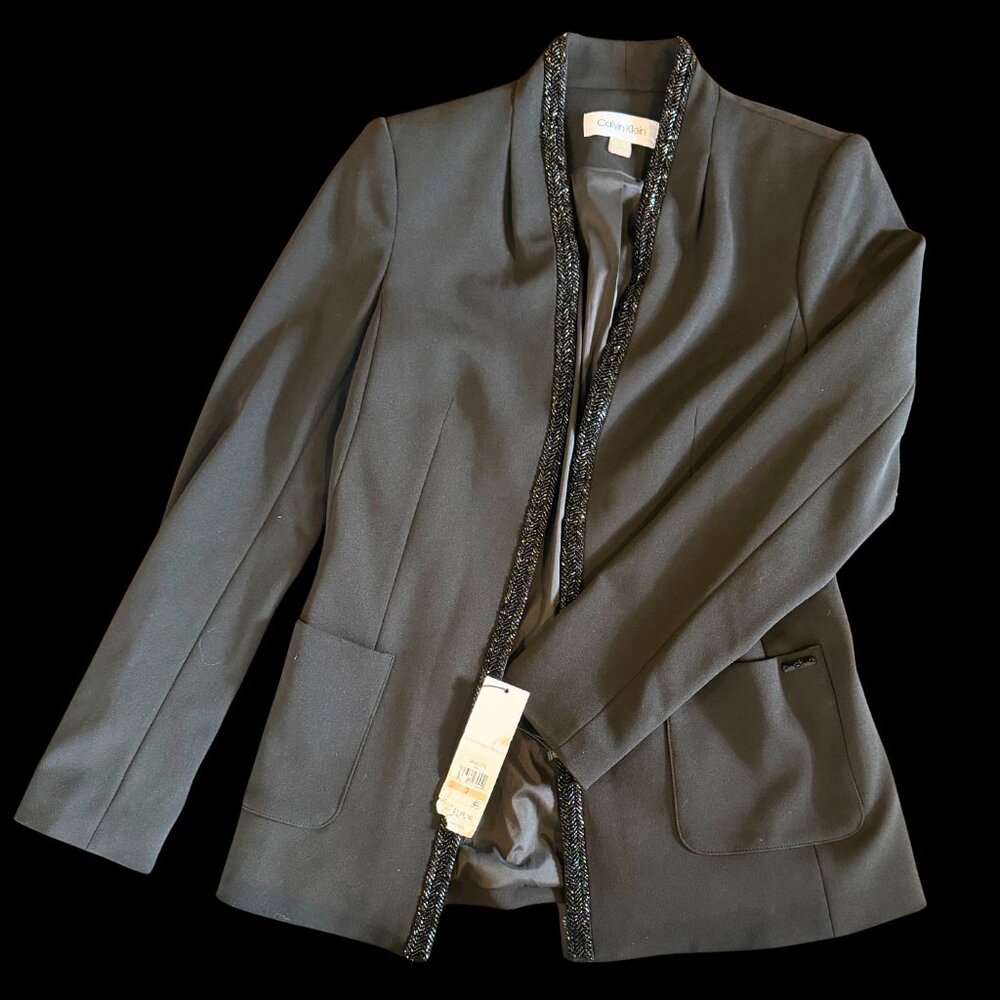 Calvin Klein Black Open Front Blazer Beaded Trim Size 2 NWT